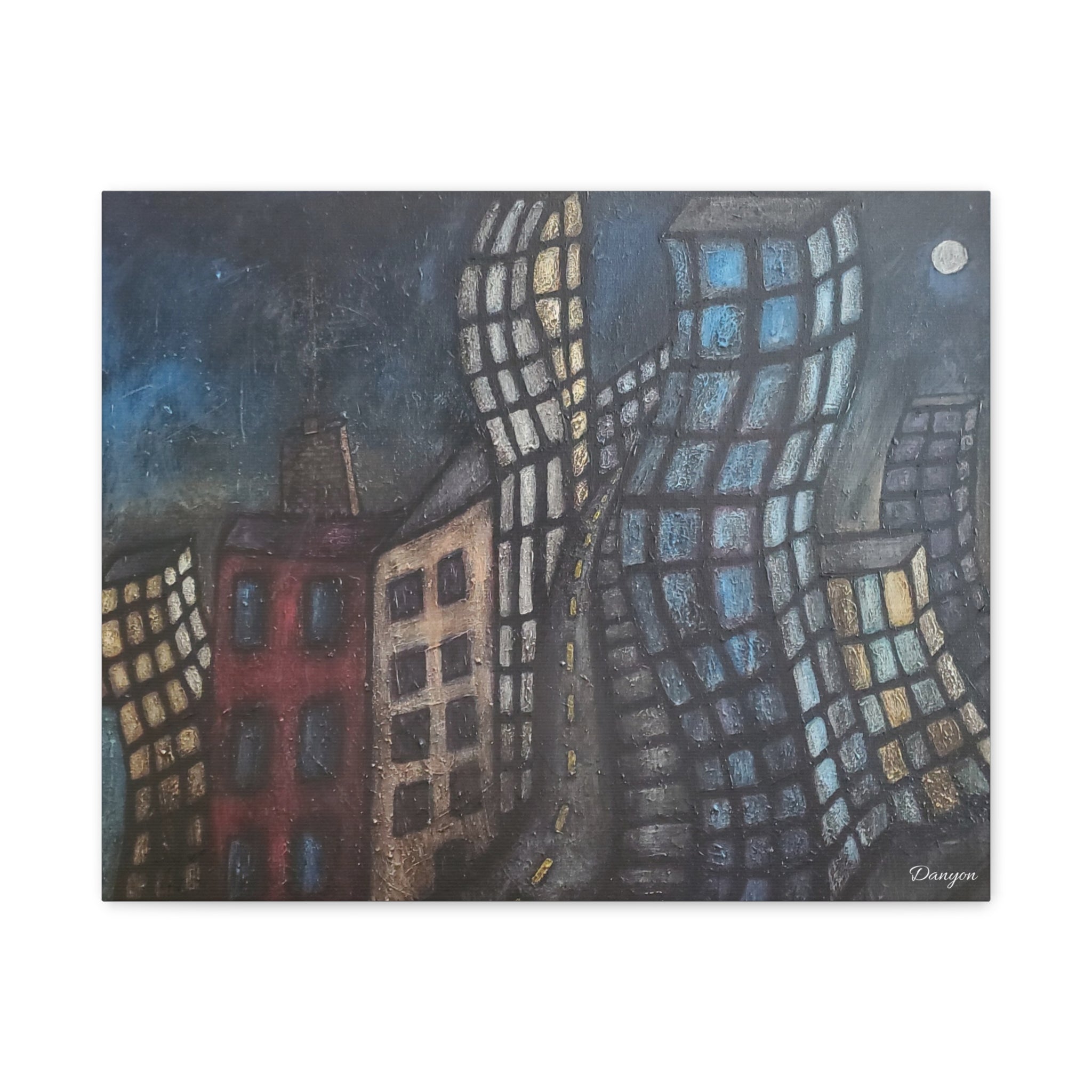 Surreal Cityscape Matte Canvas Print — Twisting Nighttime Buildings Wall Art