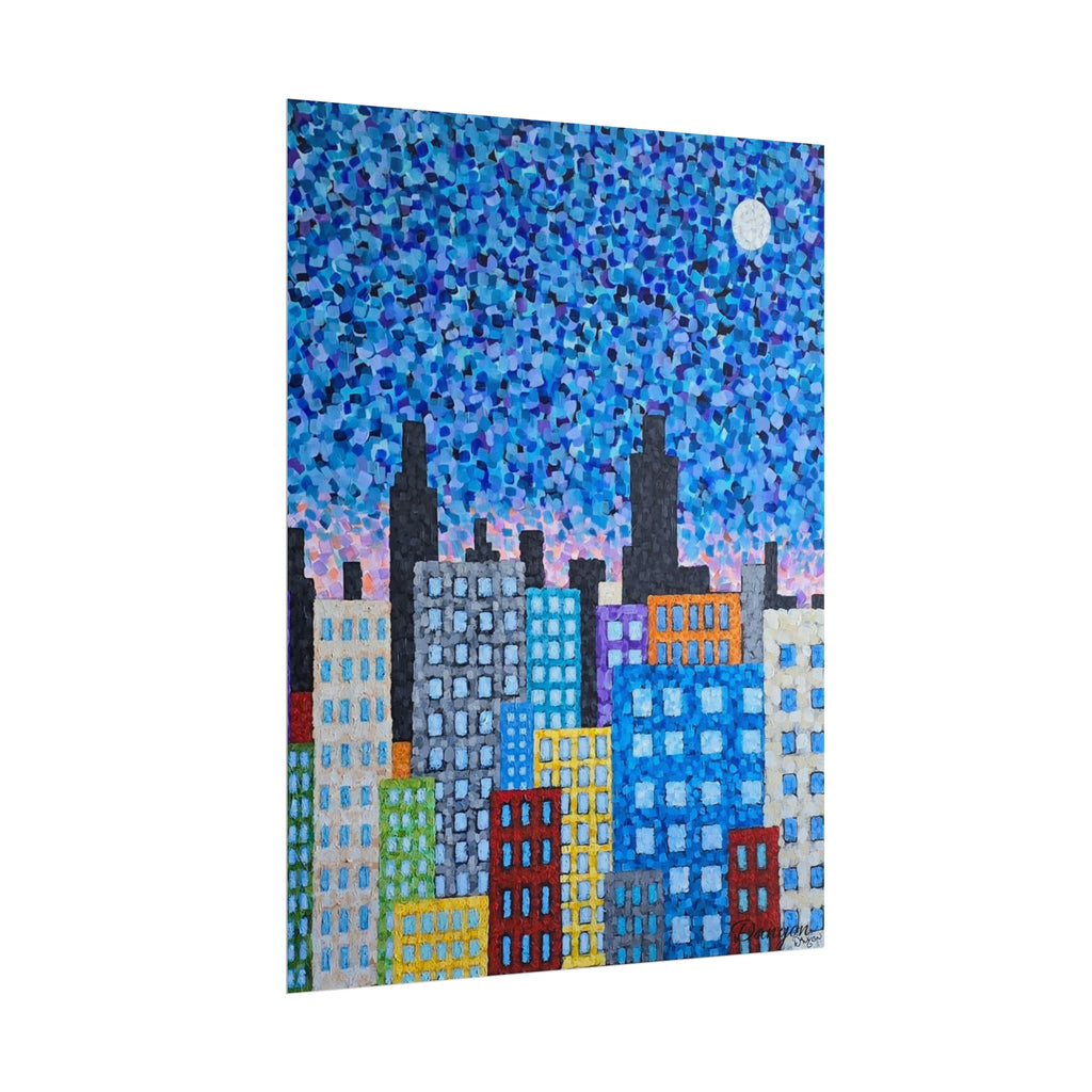 City Skyline Poster — Colorful Pointillist Nightscape Rolled Art Print