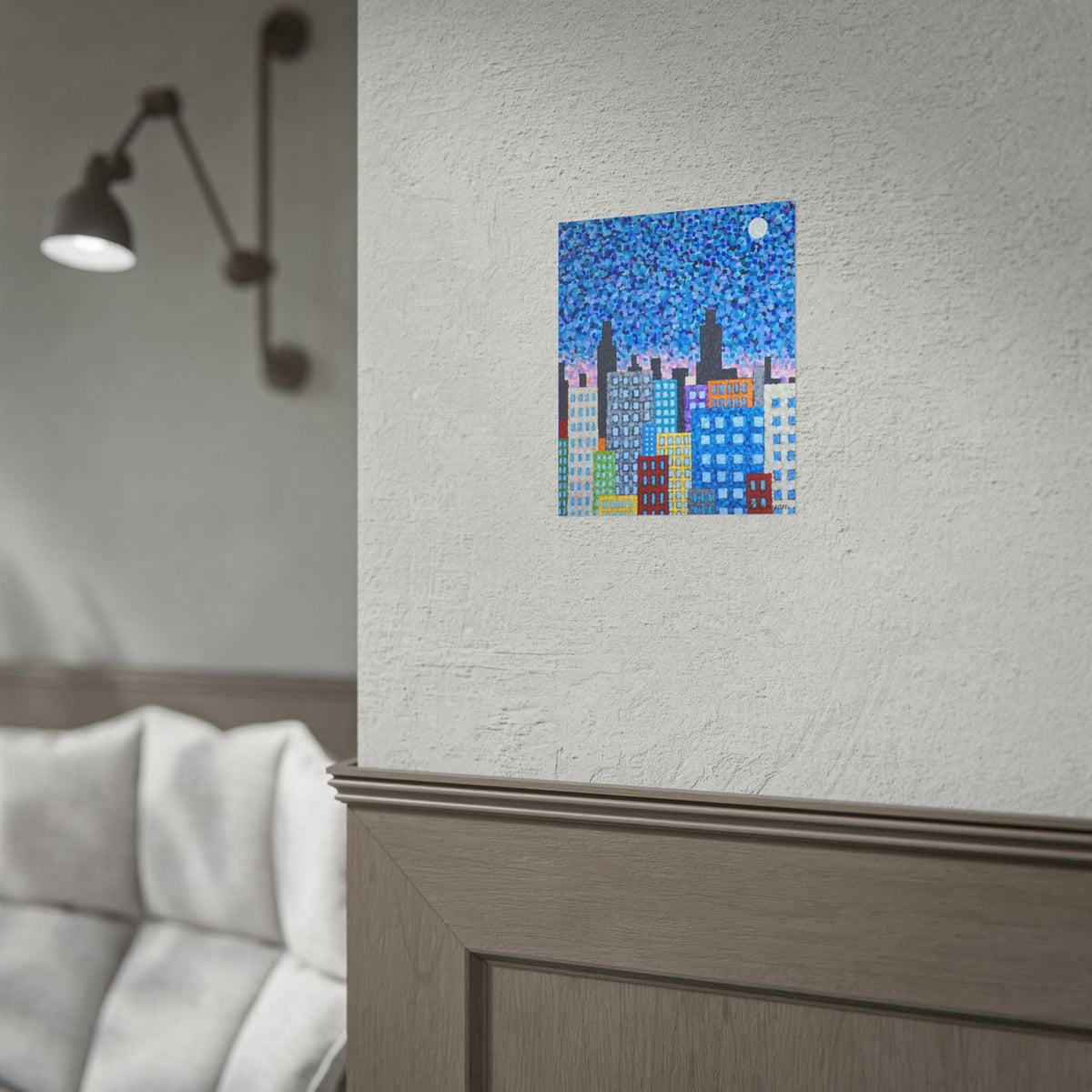 City Skyline Poster — Colorful Pointillist Nightscape Rolled Art Print
