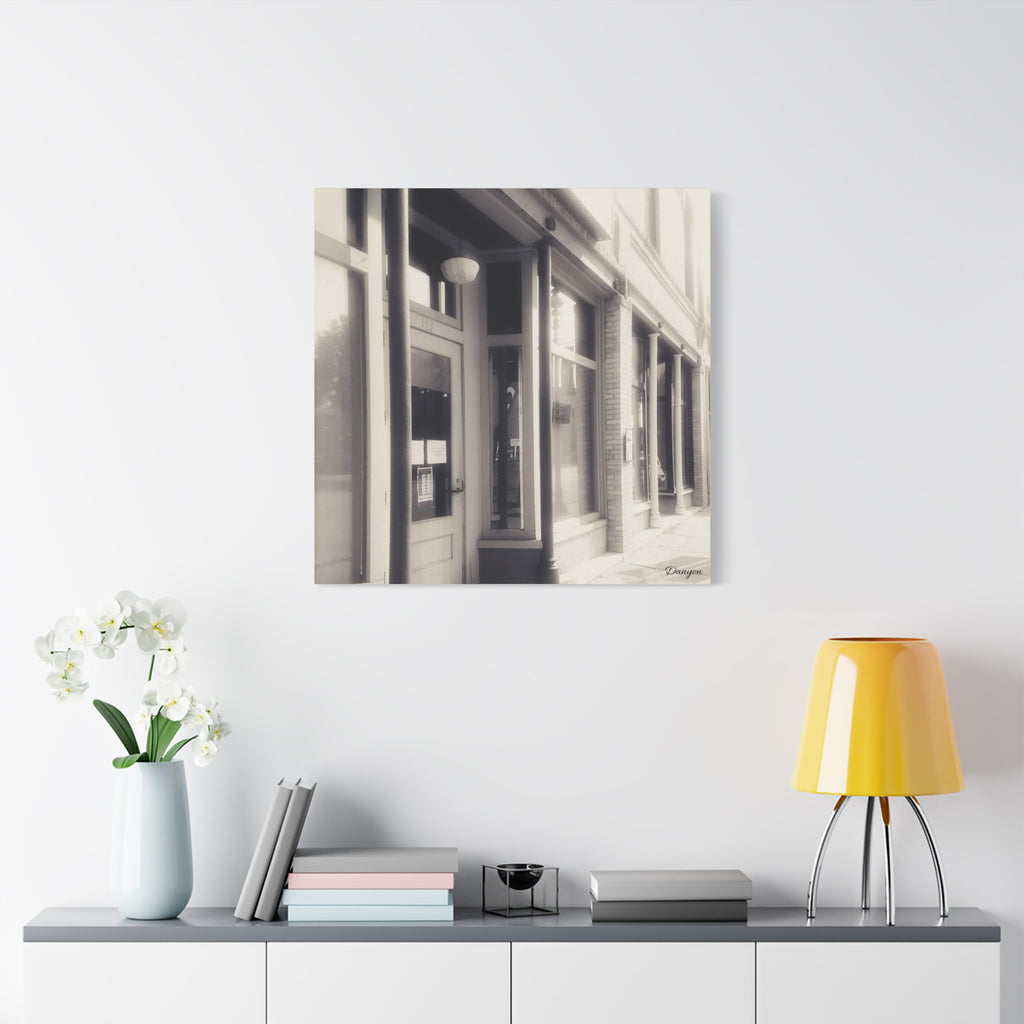 Vintage Main Street Canvas Print — Sepia Streetfront Wall Art, Matte Stretched