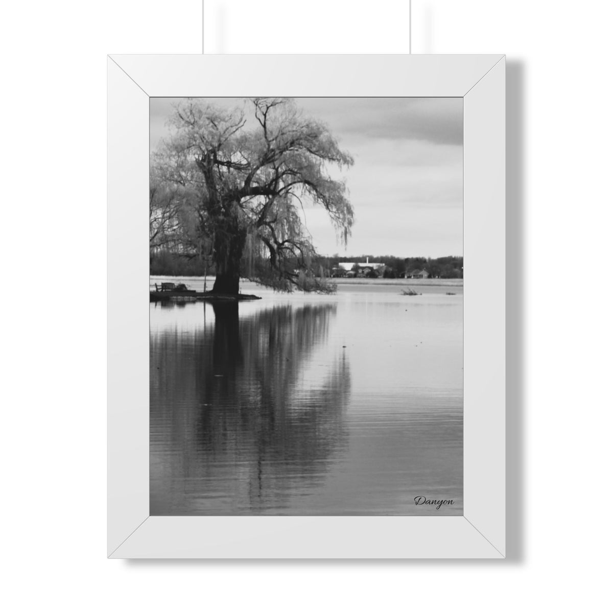 Framed Vertical Poster — Black & White Lakeside Tree Photography Wall Art