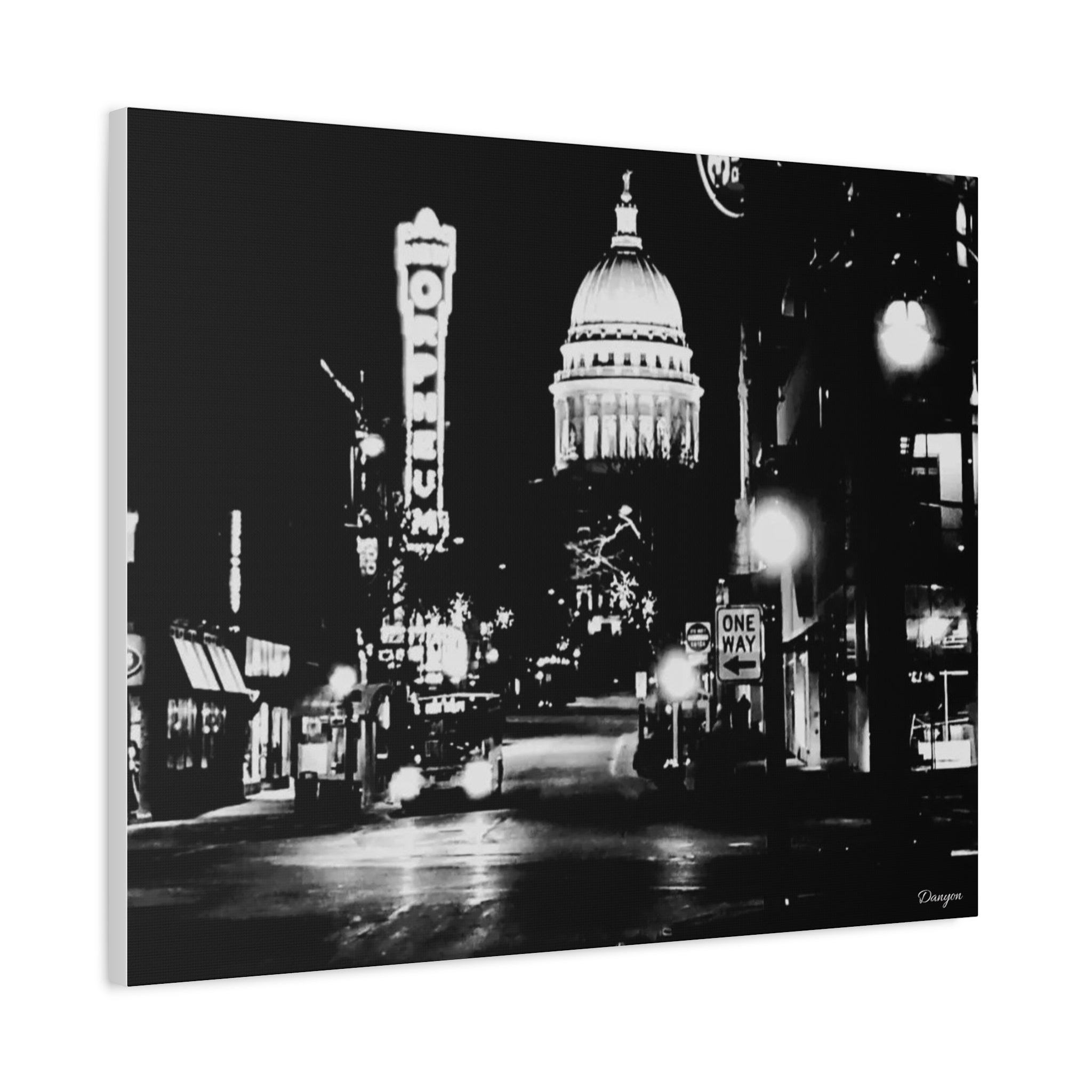 Black & White Cityscape Matte Canvas Print — Nighttime Street Scene- Madison, WI