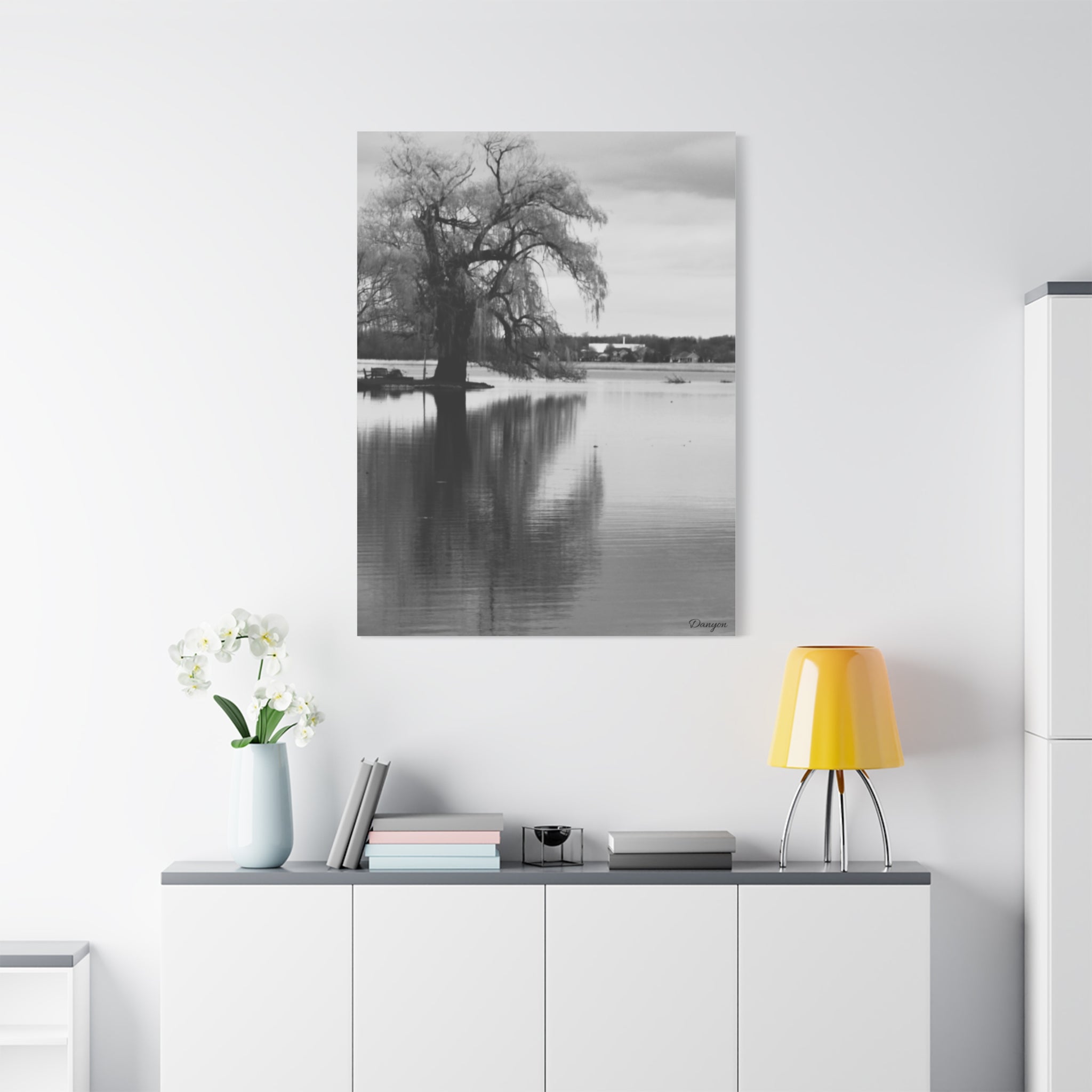 Black & White Lakeside Tree Matte Canvas Print — Stretched 1.25"