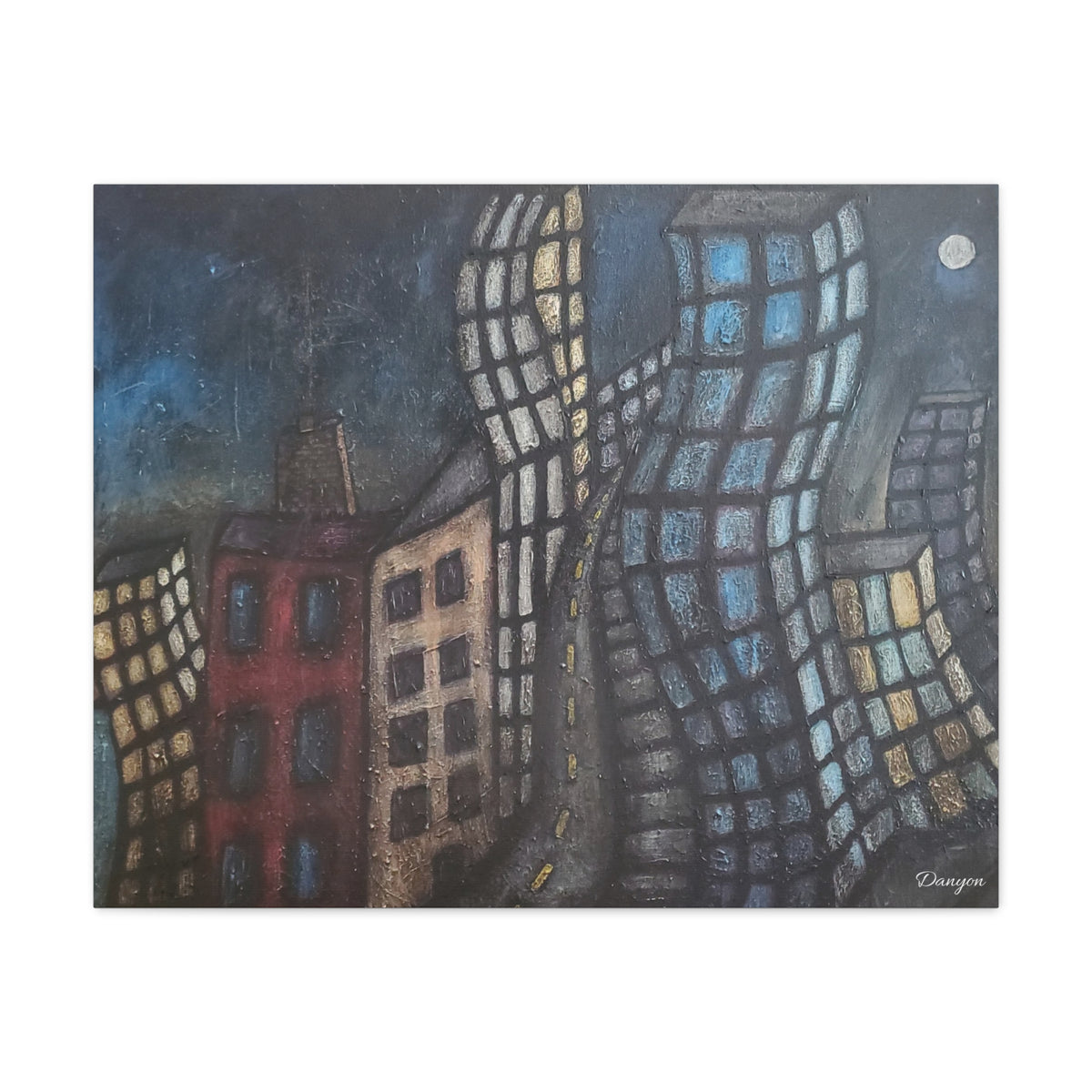 Surreal Cityscape Matte Canvas Print — Twisting Nighttime Buildings Wall Art