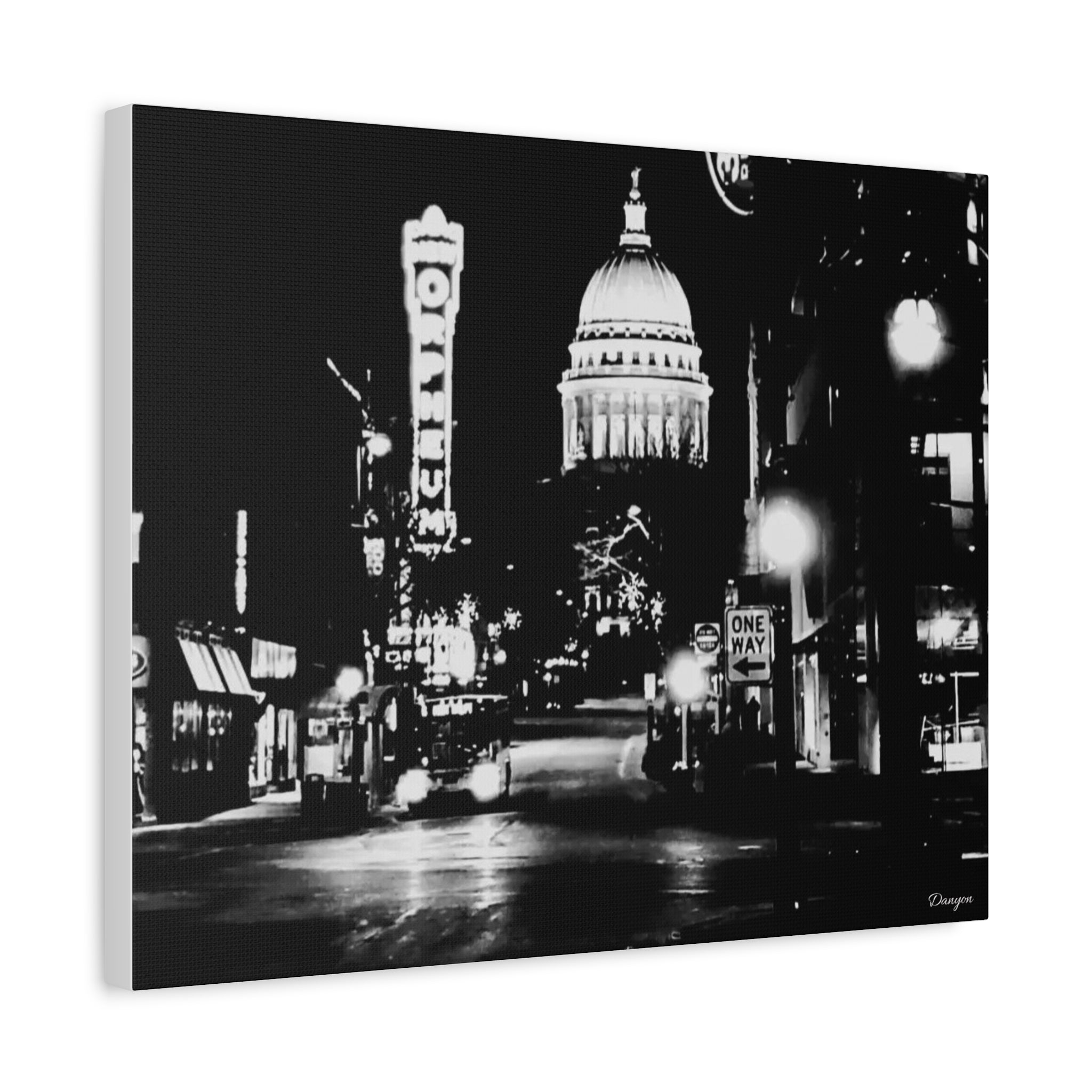Black & White Cityscape Matte Canvas Print — Nighttime Street Scene- Madison, WI