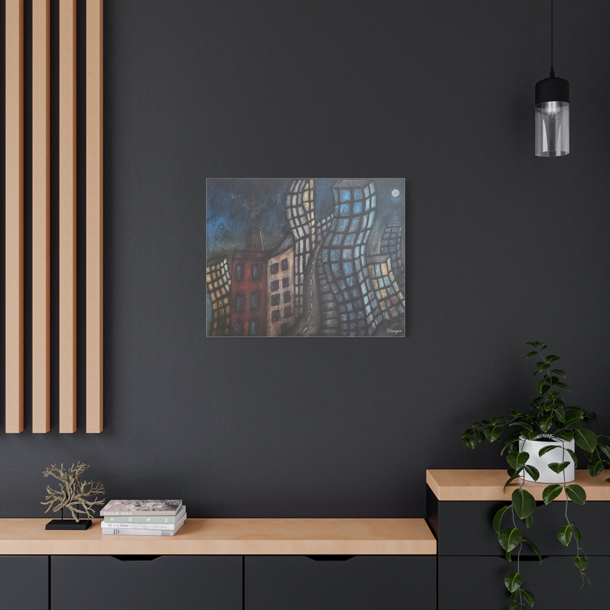 Surreal Cityscape Matte Canvas Print — Twisting Nighttime Buildings Wall Art