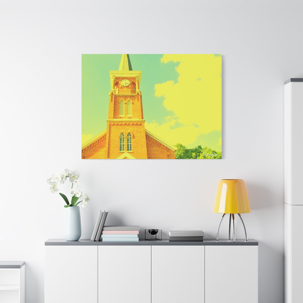 Vintage Church Tower Matte Canvas Wall Art — Sunny Retro Architecture Print