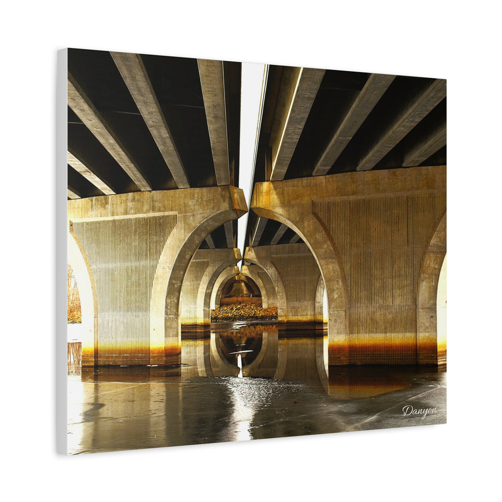 Concrete Bridge Underpass Canvas Print — Golden Urban Architecture Wall Art