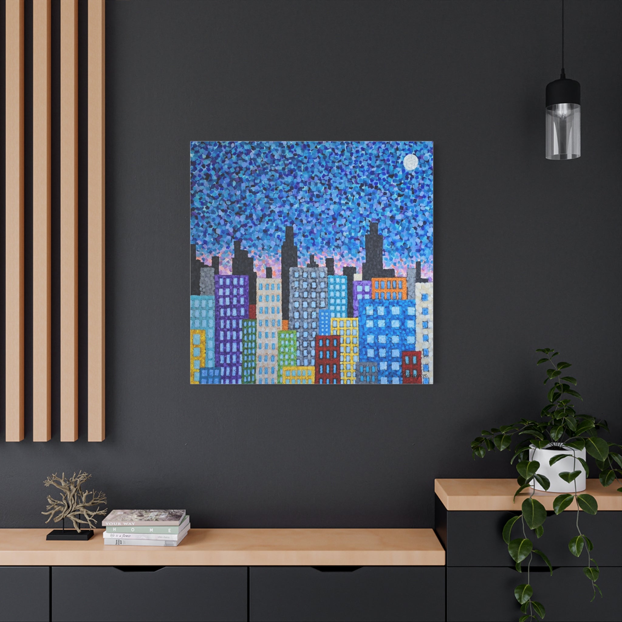 Cityscape Canvas Art – Colorful Night Skyline Matte Stretched Canvas