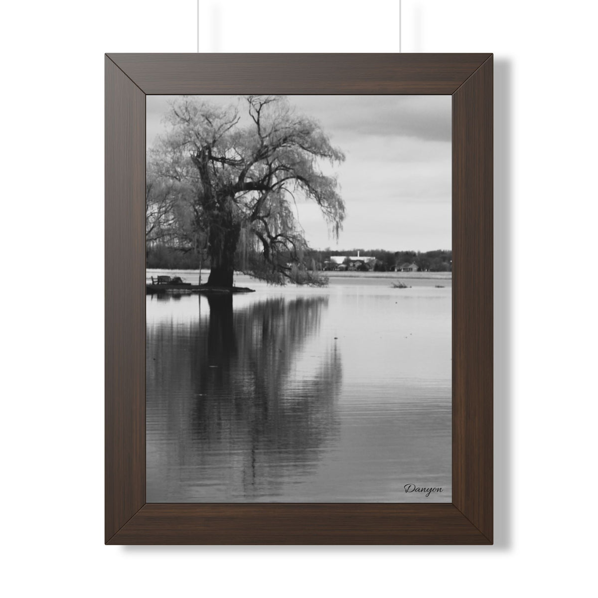 Framed Vertical Poster — Black & White Lakeside Tree Photography Wall Art