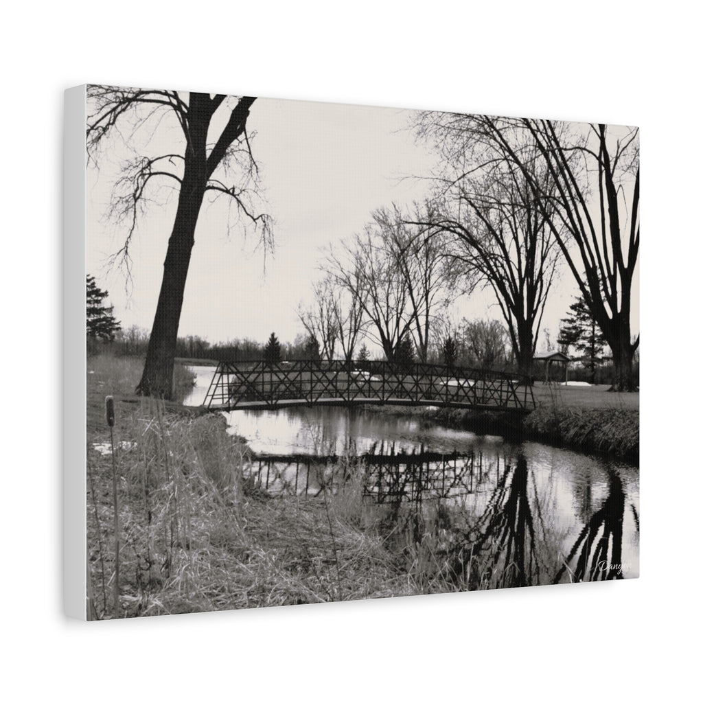 Matte Stretched Canvas - Serene Black & White River Landscape Wall Art