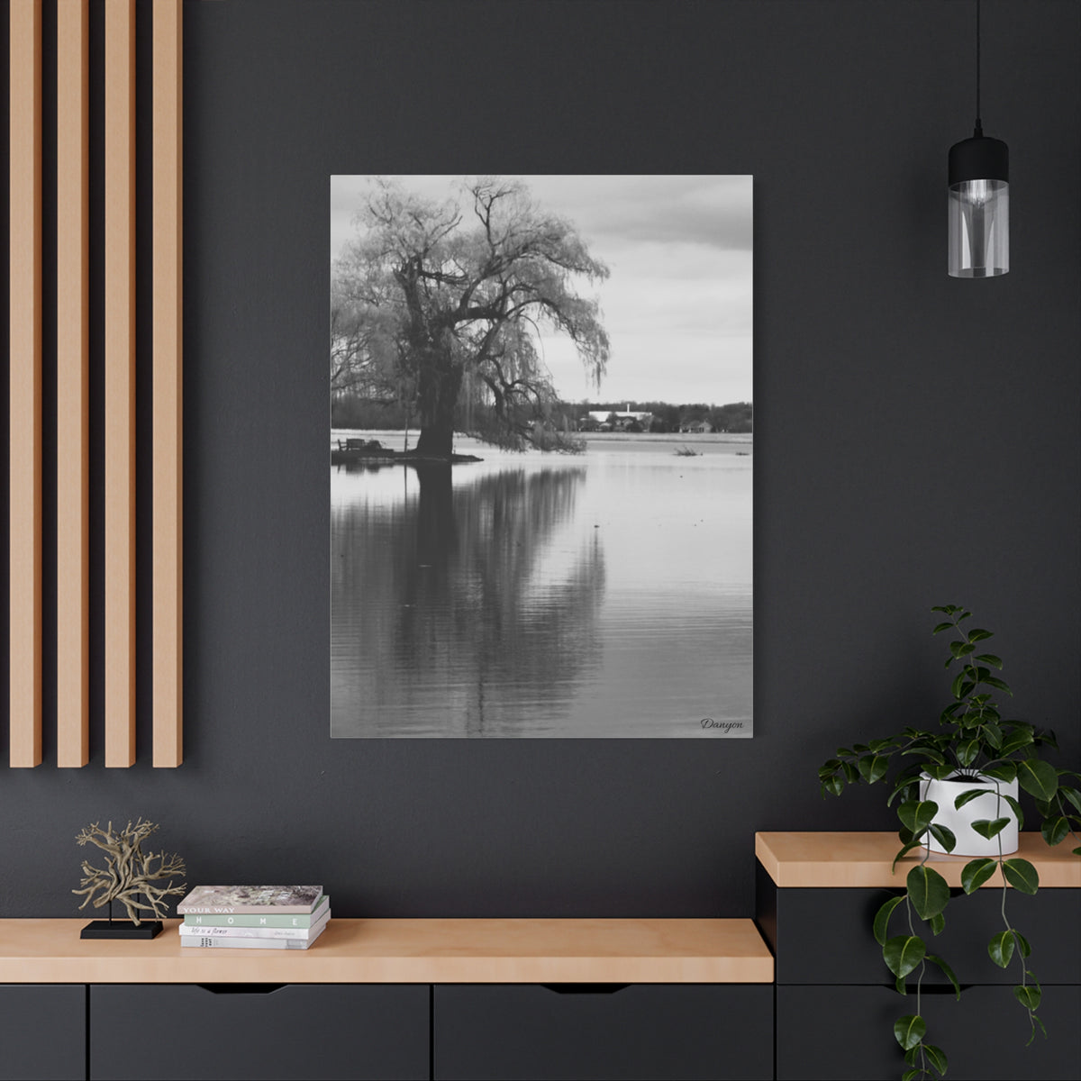 Black & White Lakeside Tree Matte Canvas Print — Stretched 1.25"