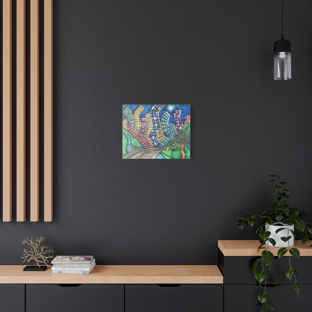 Surreal Cityscape Canvas Print — Wavy Skyline Road Art on Matte Stretched Canvas