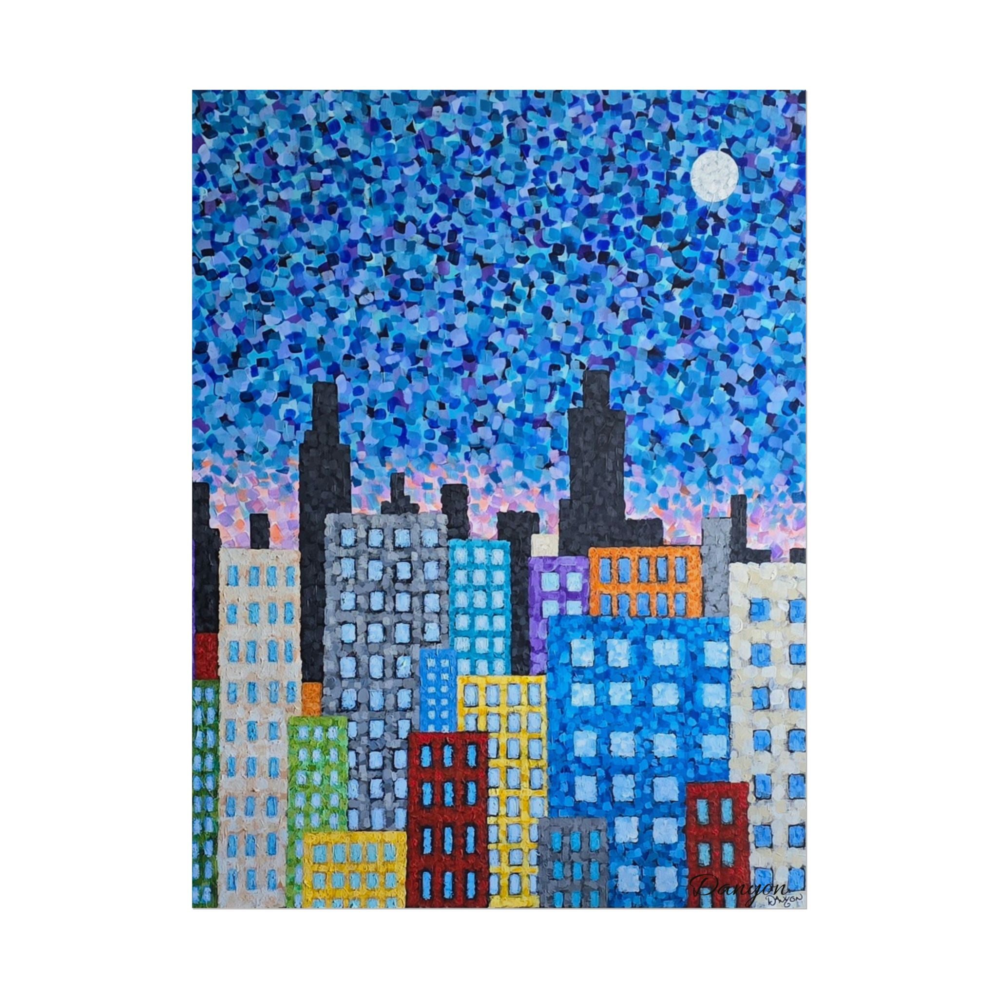 City Skyline Poster — Colorful Pointillist Nightscape Rolled Art Print