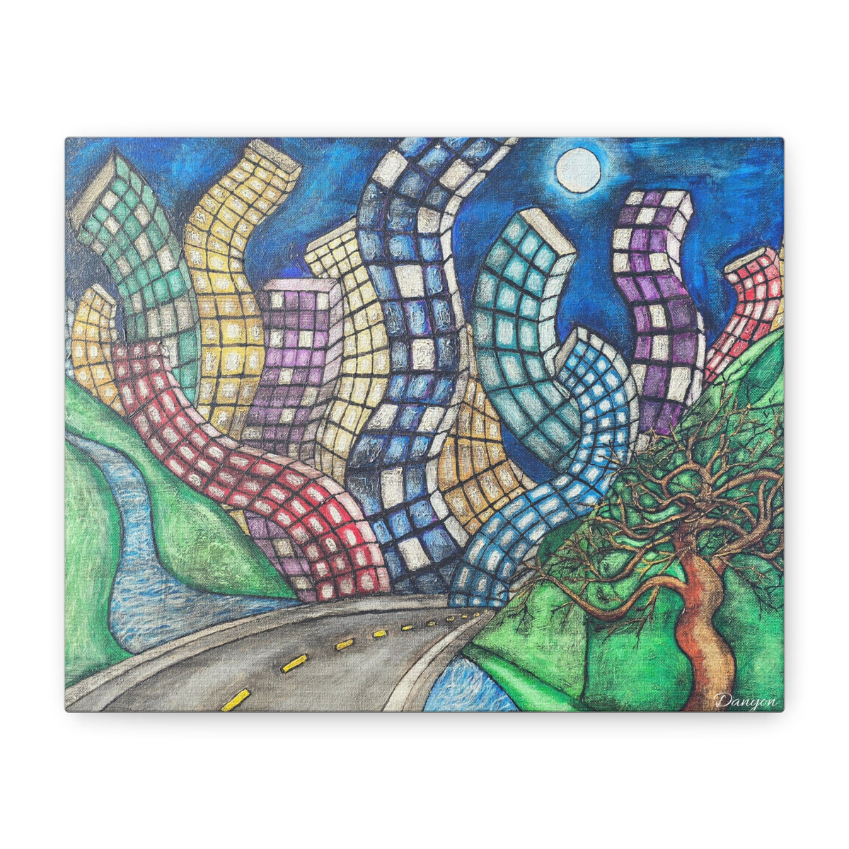 Surreal Cityscape Canvas Print — Wavy Skyline Road Art on Matte Stretched Canvas
