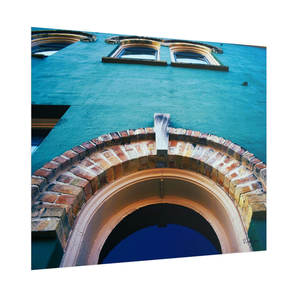 Architectural Photo Rolled Poster — Teal Facade with Arched Window