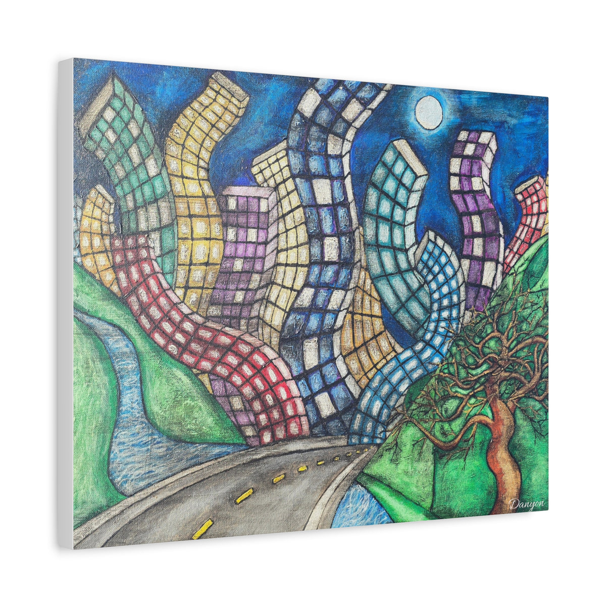 Surreal Cityscape Canvas Print — Wavy Skyline Road Art on Matte Stretched Canvas