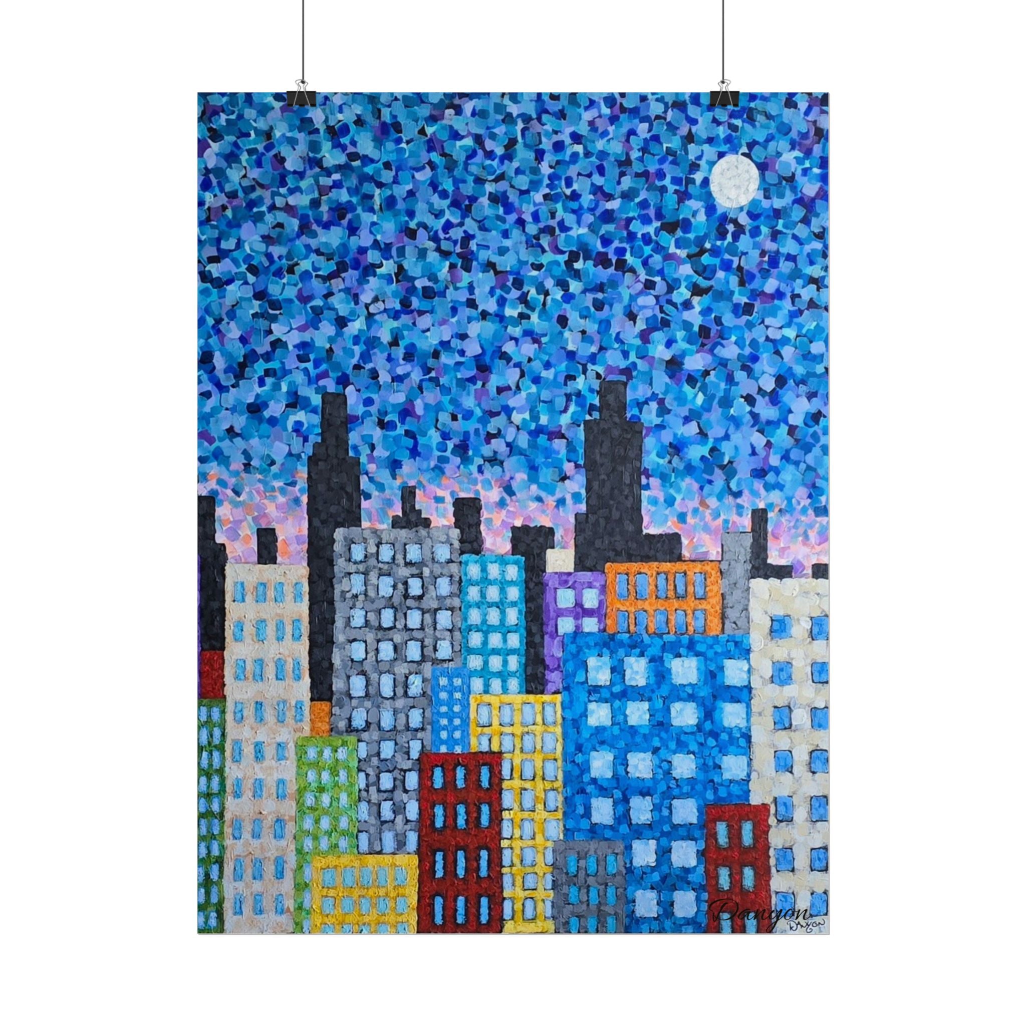 City Skyline Poster — Colorful Pointillist Nightscape Rolled Art Print