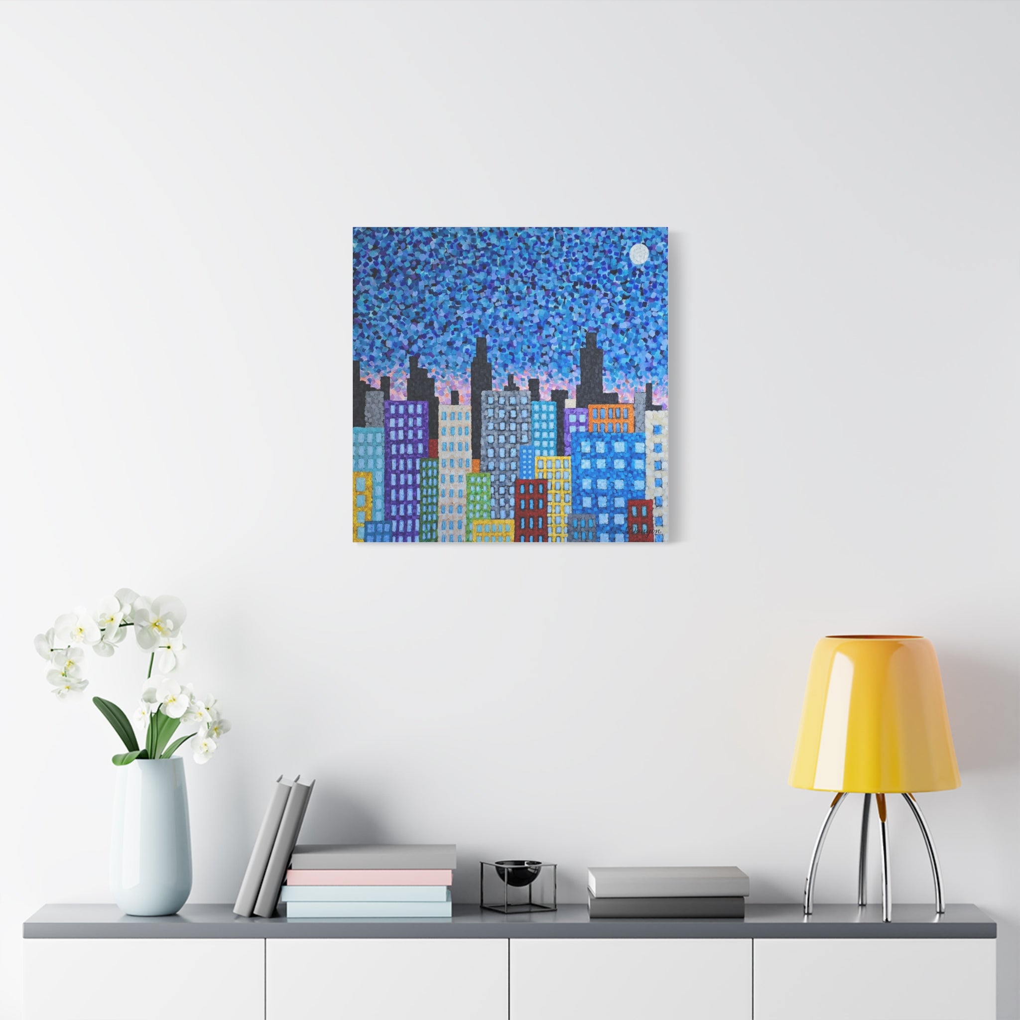 Cityscape Canvas Art – Colorful Night Skyline Matte Stretched Canvas