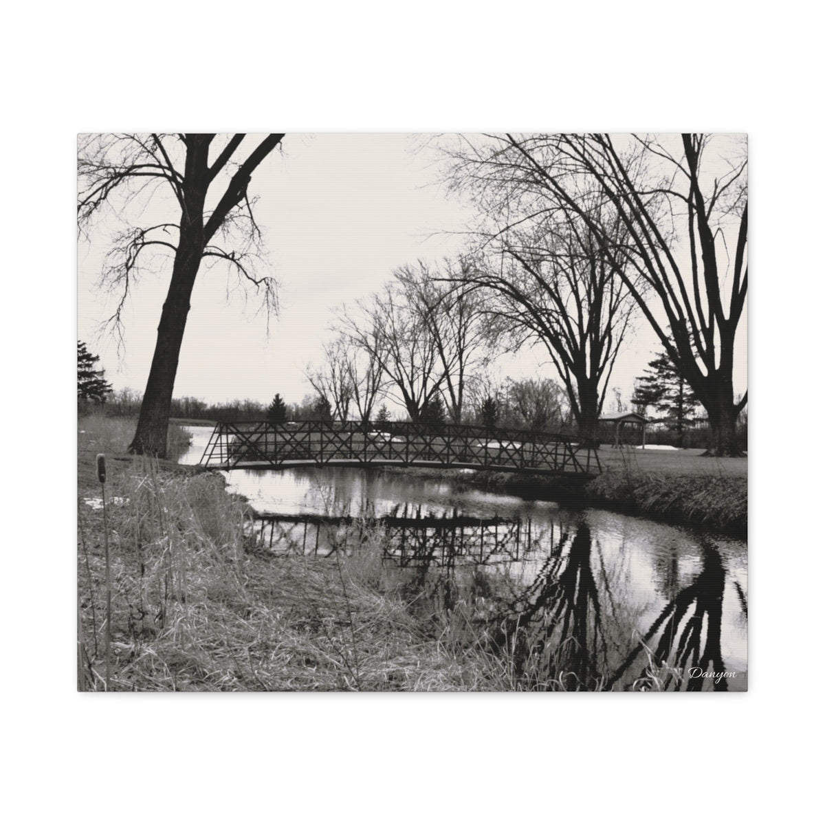 Matte Stretched Canvas - Serene Black & White River Landscape Wall Art