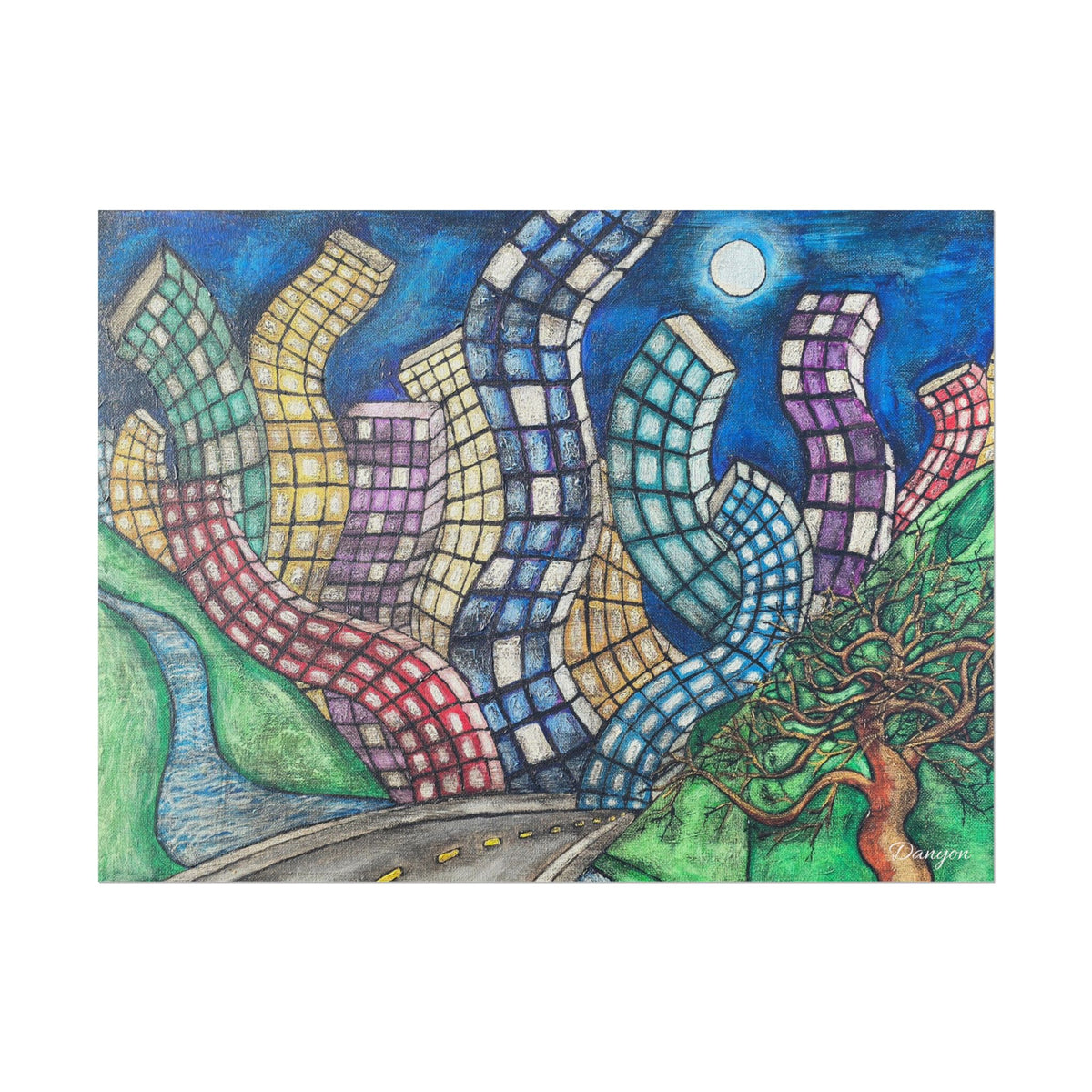 Rolled Poster — Surreal Curved Cityscape Art Print (Moonlit Road & Whimsical Tree)