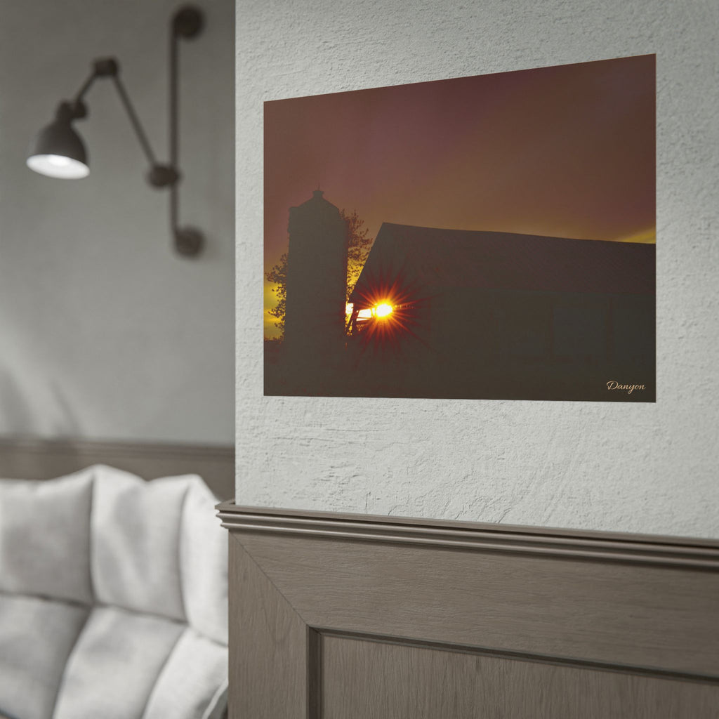 Sunset Barn Rolled Poster – Rustic Farm Landscape Wall Art