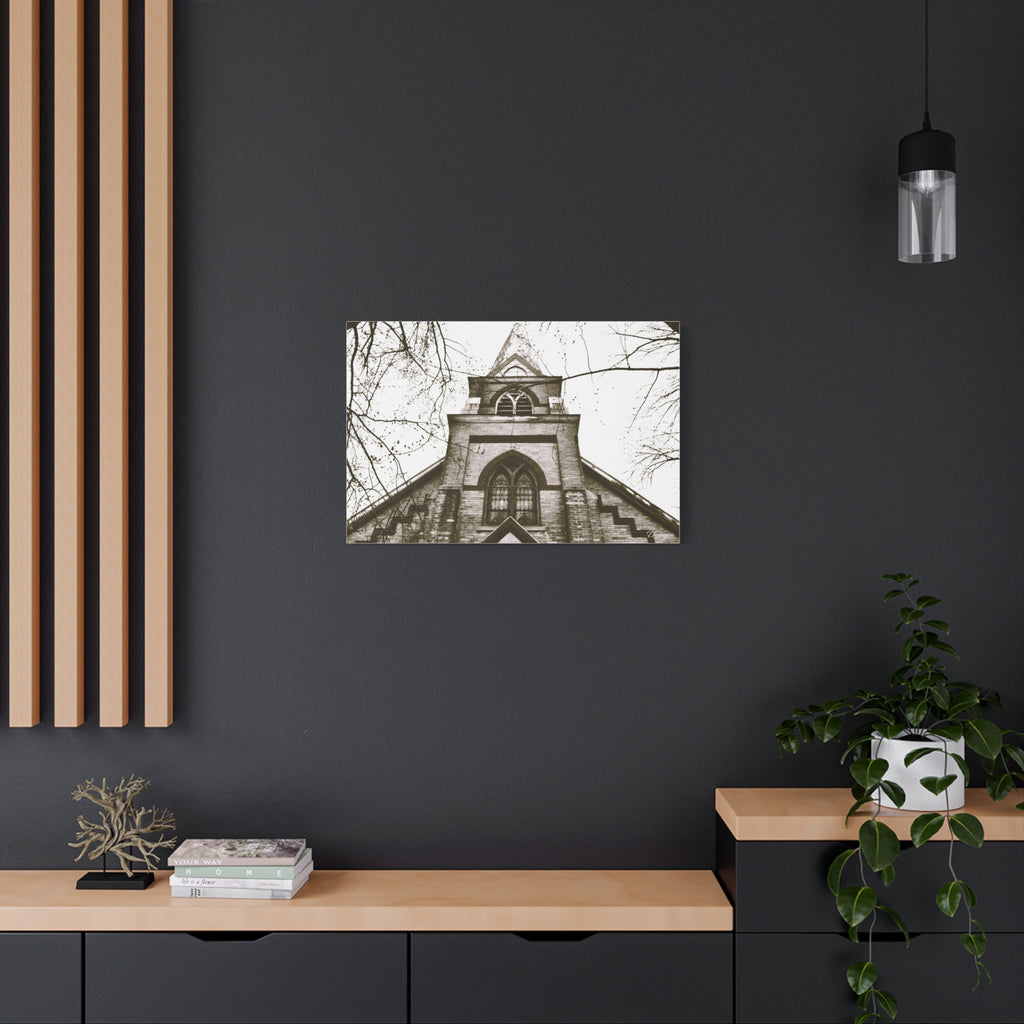 Gothic Church Photo Canvas Print — Vintage Sepia Matte Stretched Wall Art