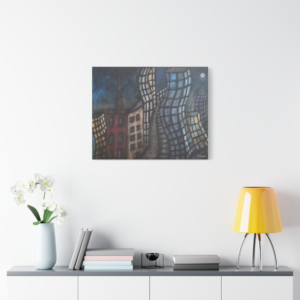 Surreal Cityscape Matte Canvas Print — Twisting Nighttime Buildings Wall Art
