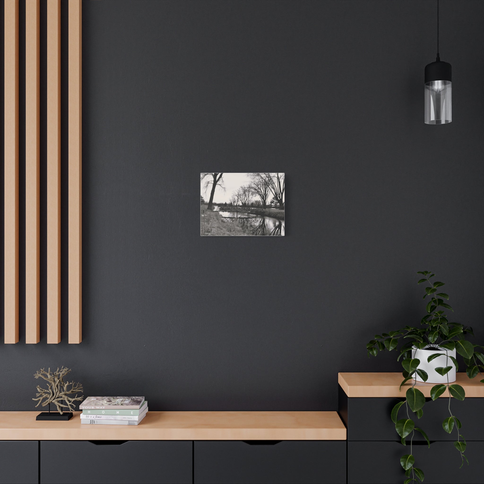 Matte Stretched Canvas - Serene Black & White River Landscape Wall Art