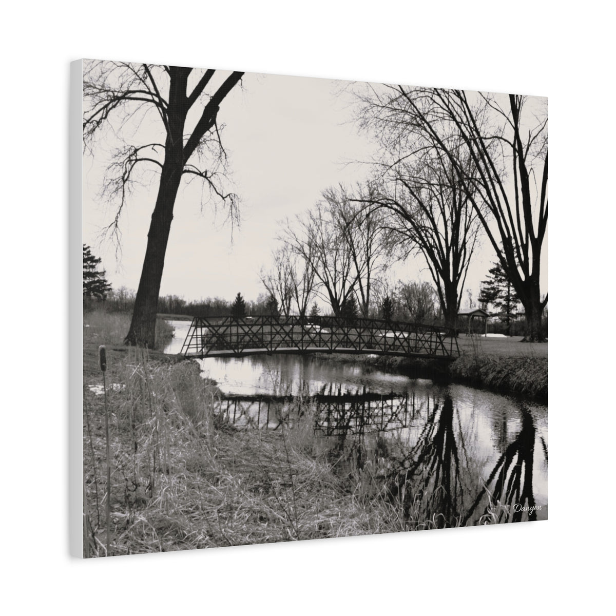 Matte Stretched Canvas - Serene Black & White River Landscape Wall Art