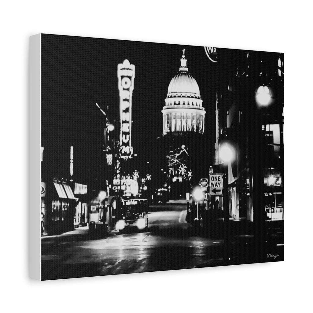 Black & White Cityscape Matte Canvas Print — Nighttime Street Scene- Madison, WI