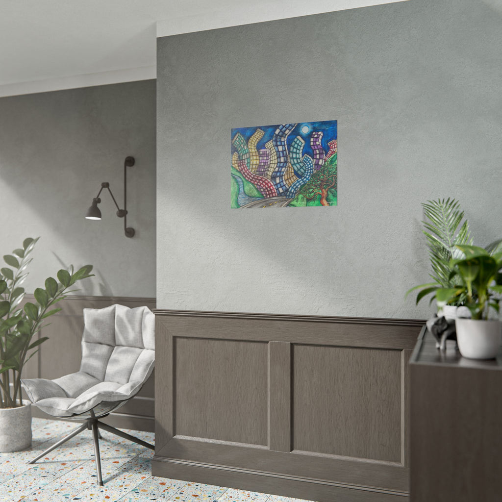 Rolled Poster — Surreal Curved Cityscape Art Print (Moonlit Road & Whimsical Tree)