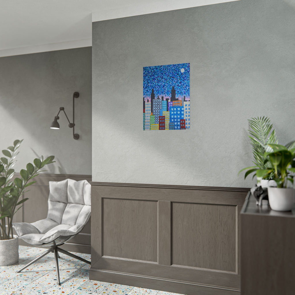 City Skyline Poster — Colorful Pointillist Nightscape Rolled Art Print