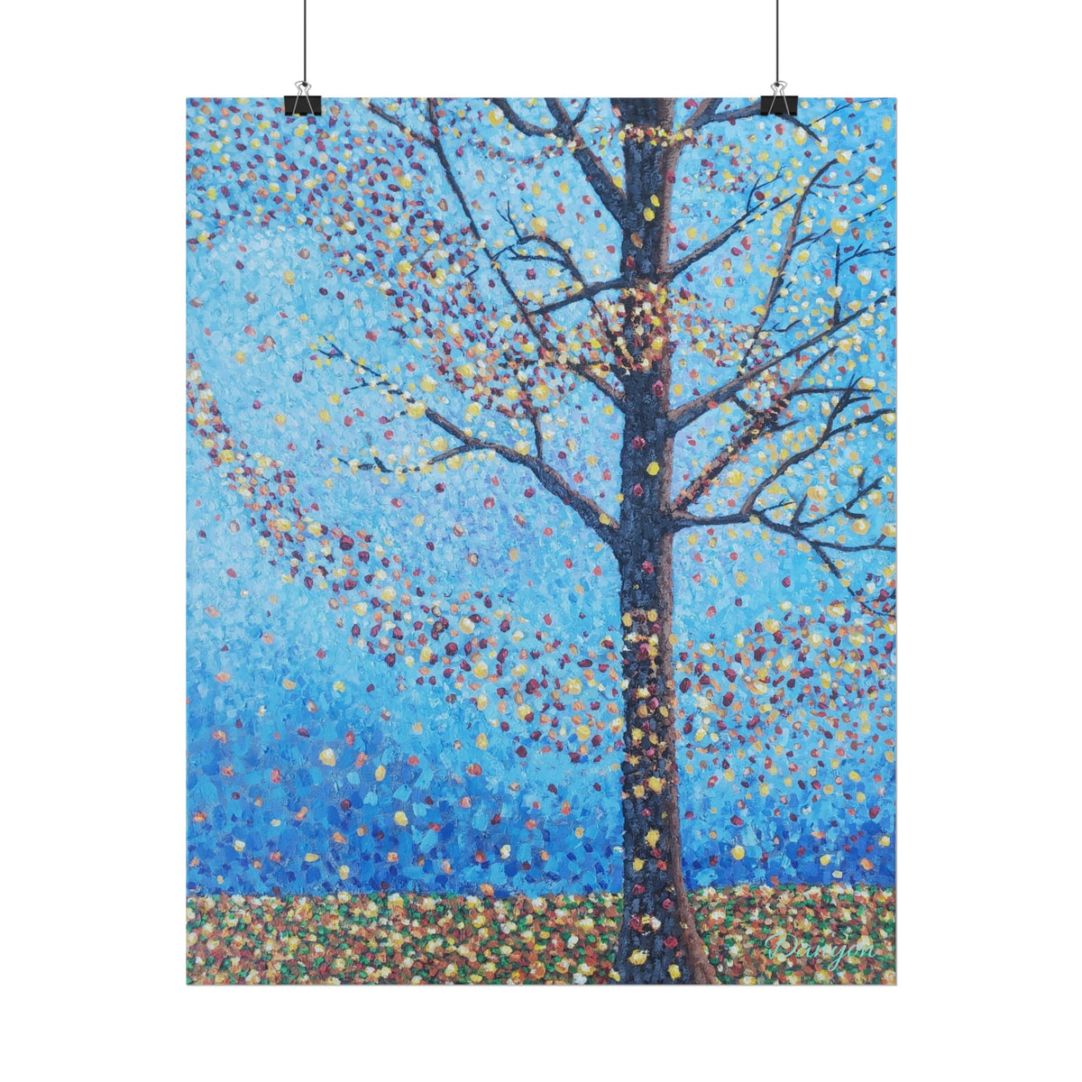 Blue Pointillist Tree Poster — Rolled Art Print