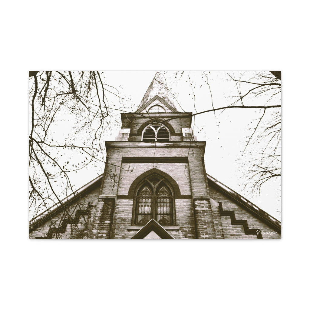 Gothic Church Photo Canvas Print — Vintage Sepia Matte Stretched Wall Art