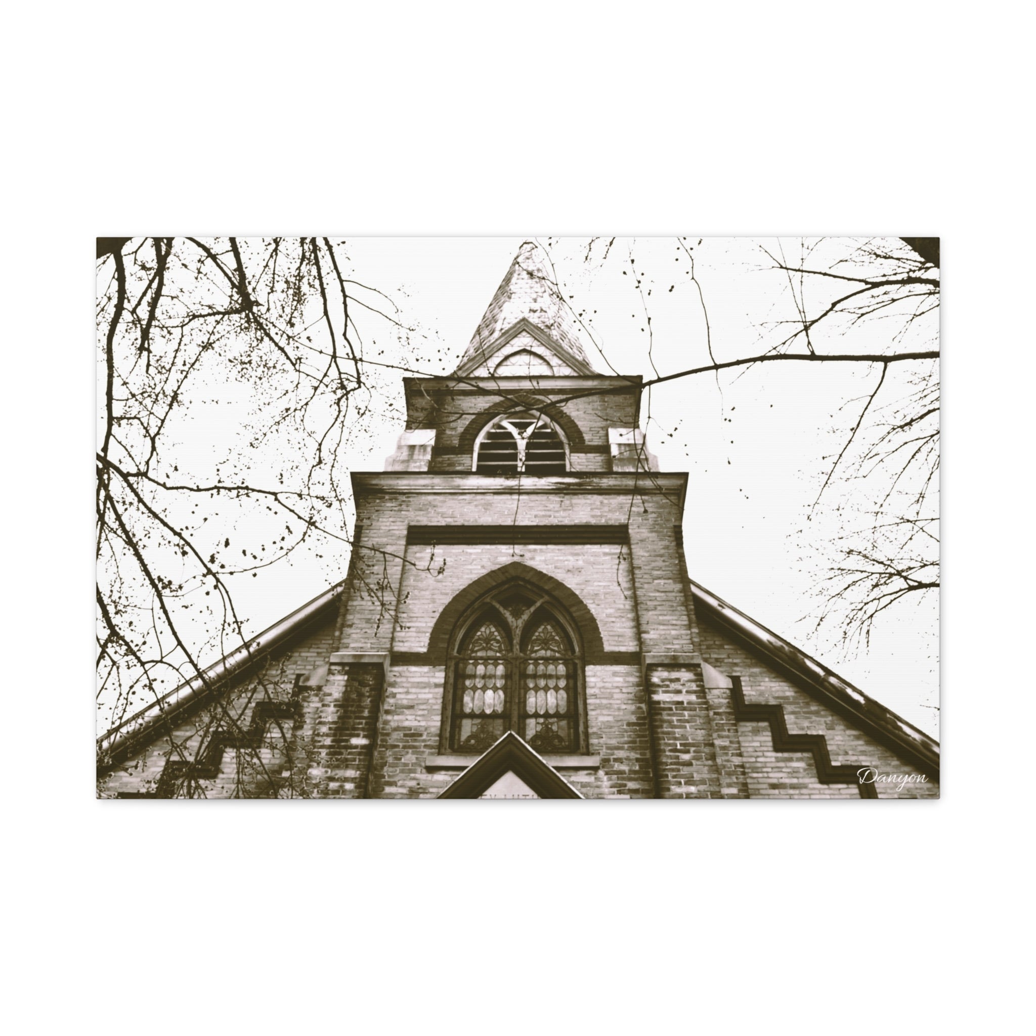 Gothic Church Photo Canvas Print — Vintage Sepia Matte Stretched Wall Art