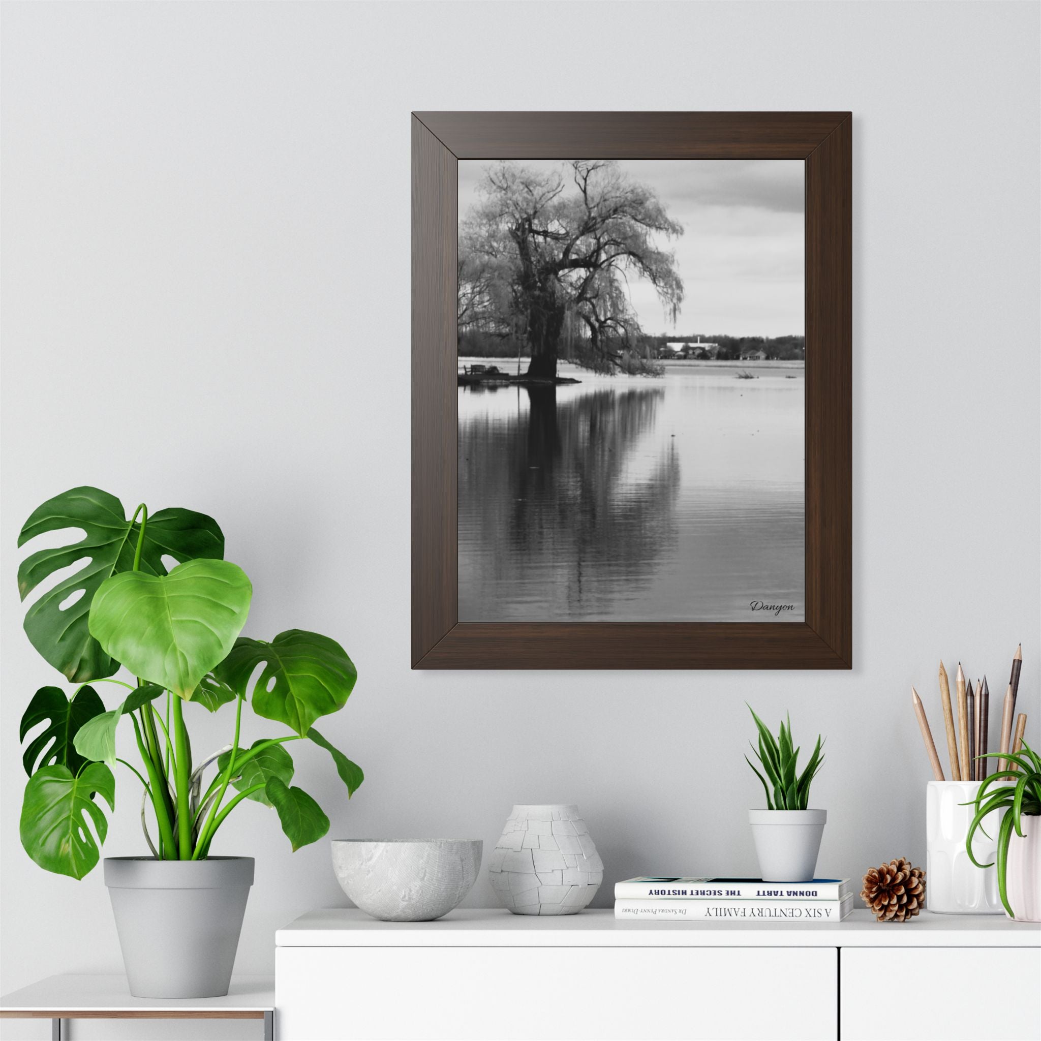 Framed Vertical Poster — Black & White Lakeside Tree Photography Wall Art