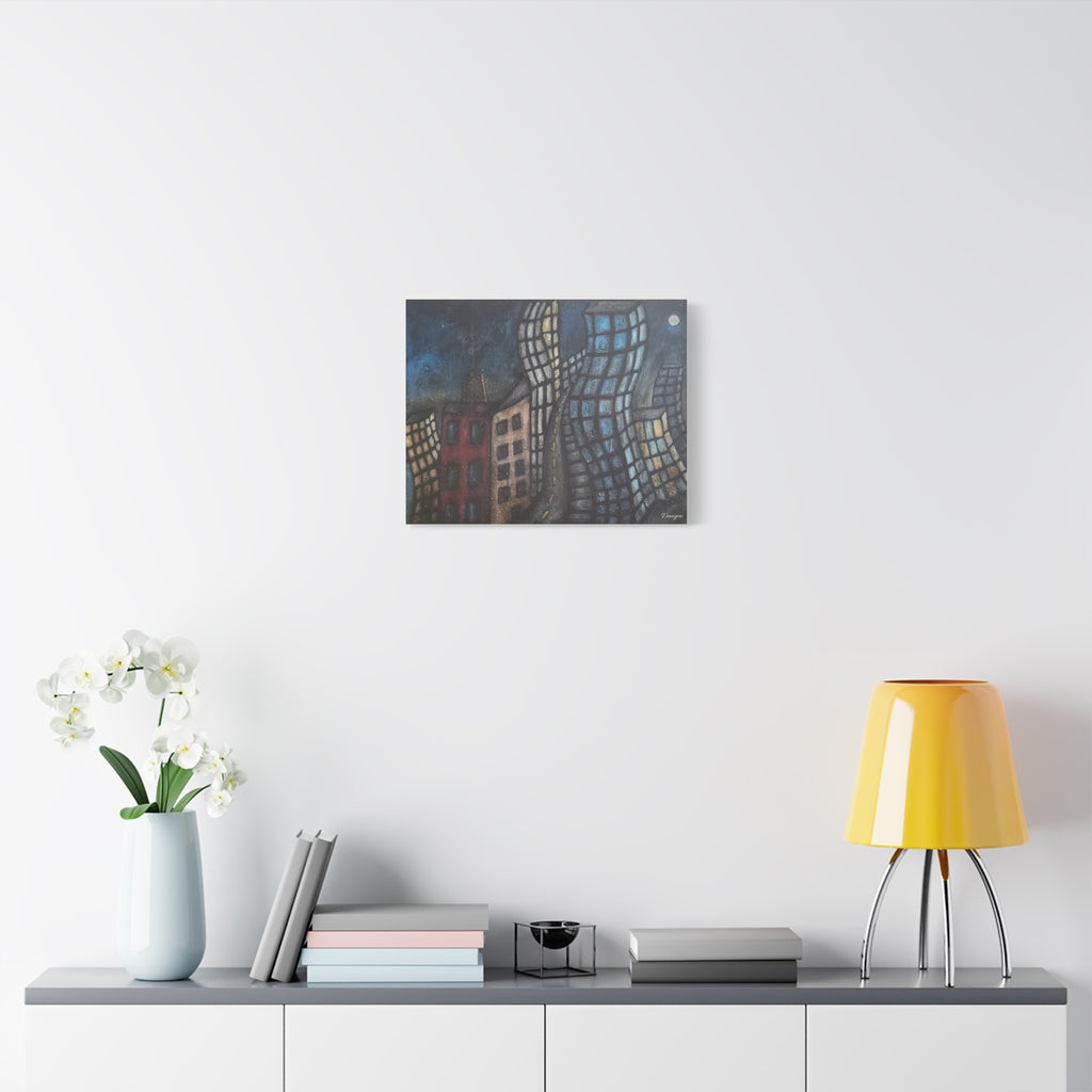 Surreal Cityscape Matte Canvas Print — Twisting Nighttime Buildings Wall Art