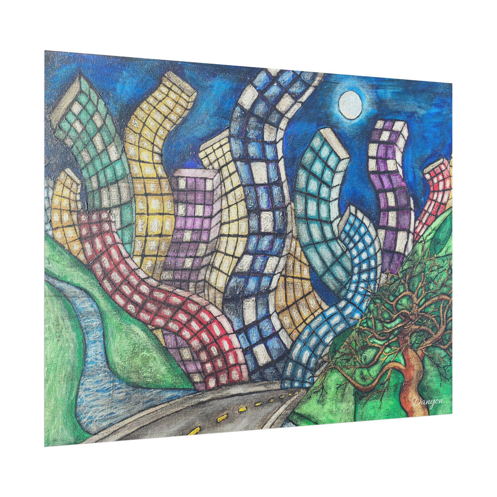 Rolled Poster — Surreal Curved Cityscape Art Print (Moonlit Road & Whimsical Tree)