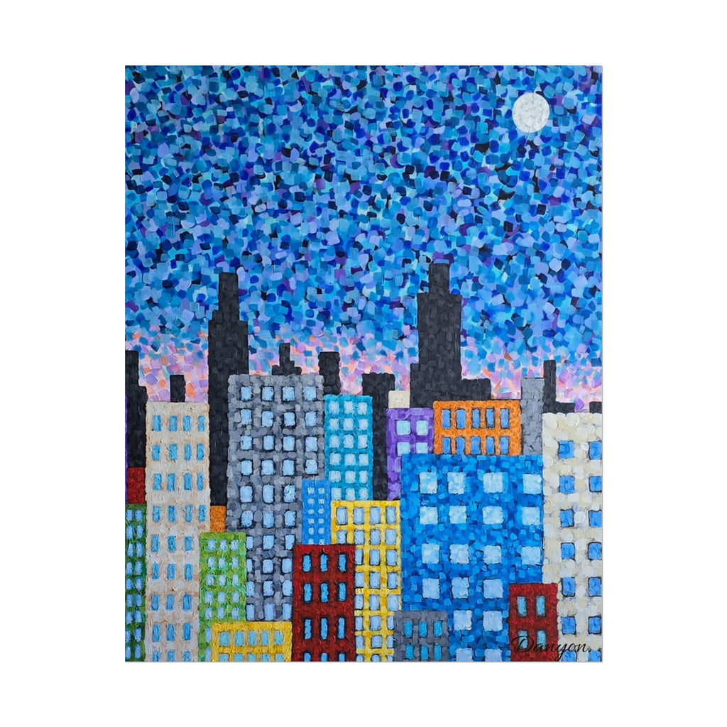 City Skyline Poster — Colorful Pointillist Nightscape Rolled Art Print