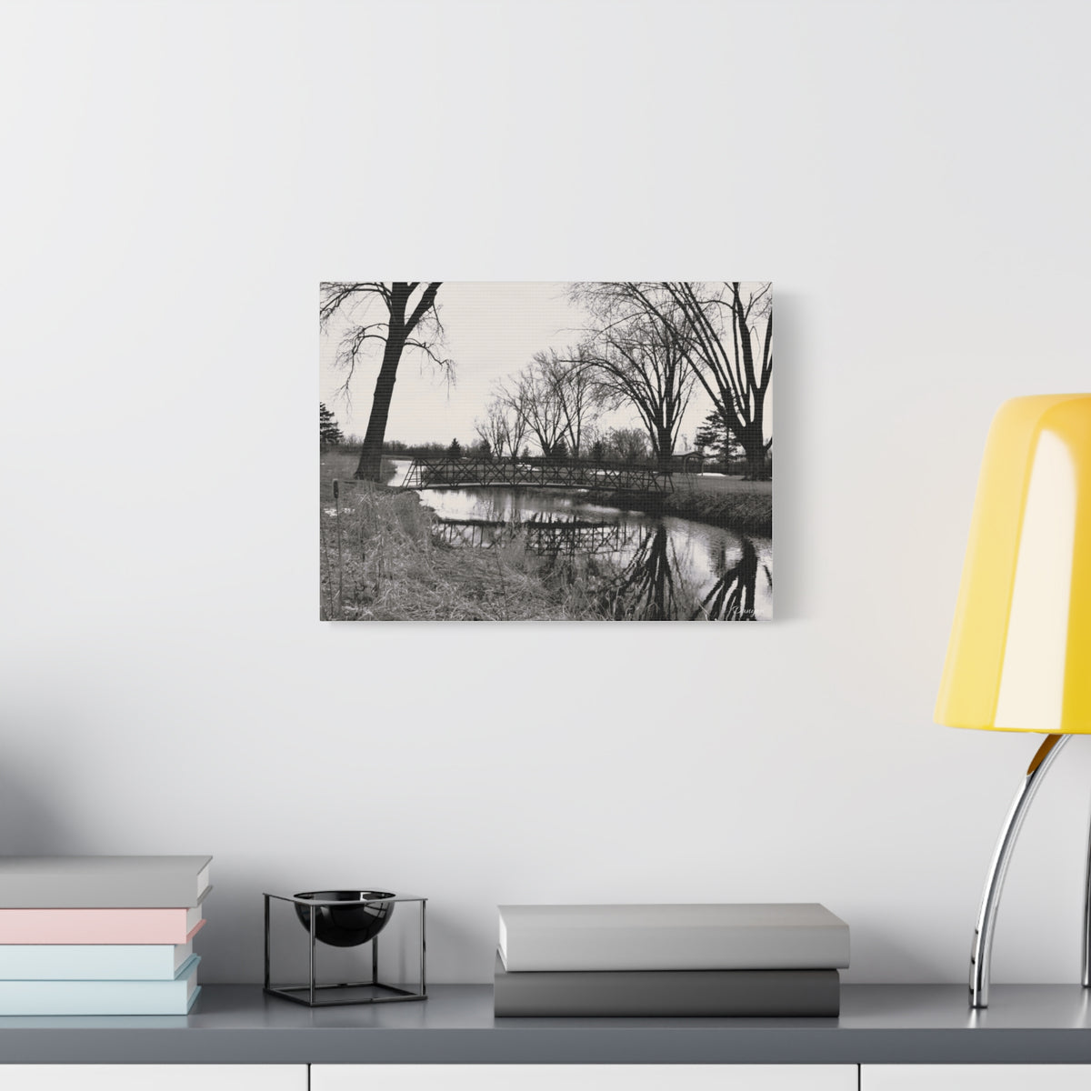 Matte Stretched Canvas - Serene Black & White River Landscape Wall Art