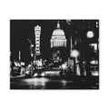 Black & White Cityscape Matte Canvas Print — Nighttime Street Scene- Madison, WI