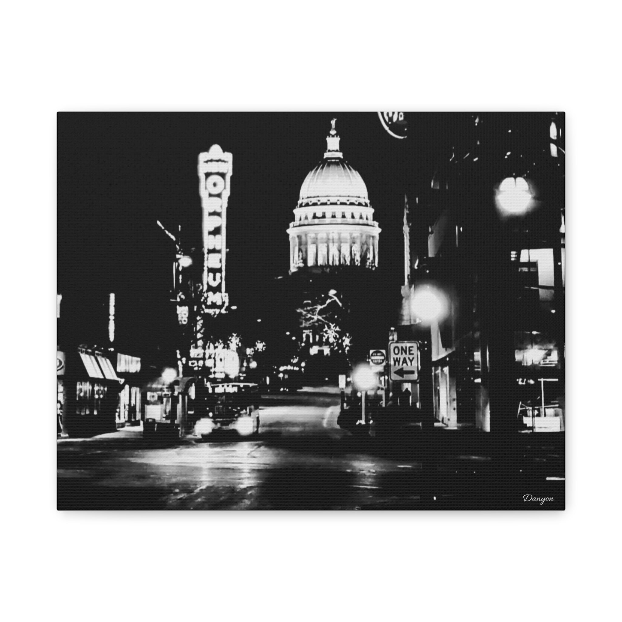 Black & White Cityscape Matte Canvas Print — Nighttime Street Scene- Madison, WI
