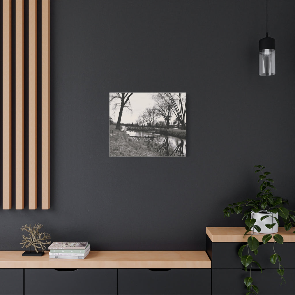 Matte Stretched Canvas - Serene Black & White River Landscape Wall Art