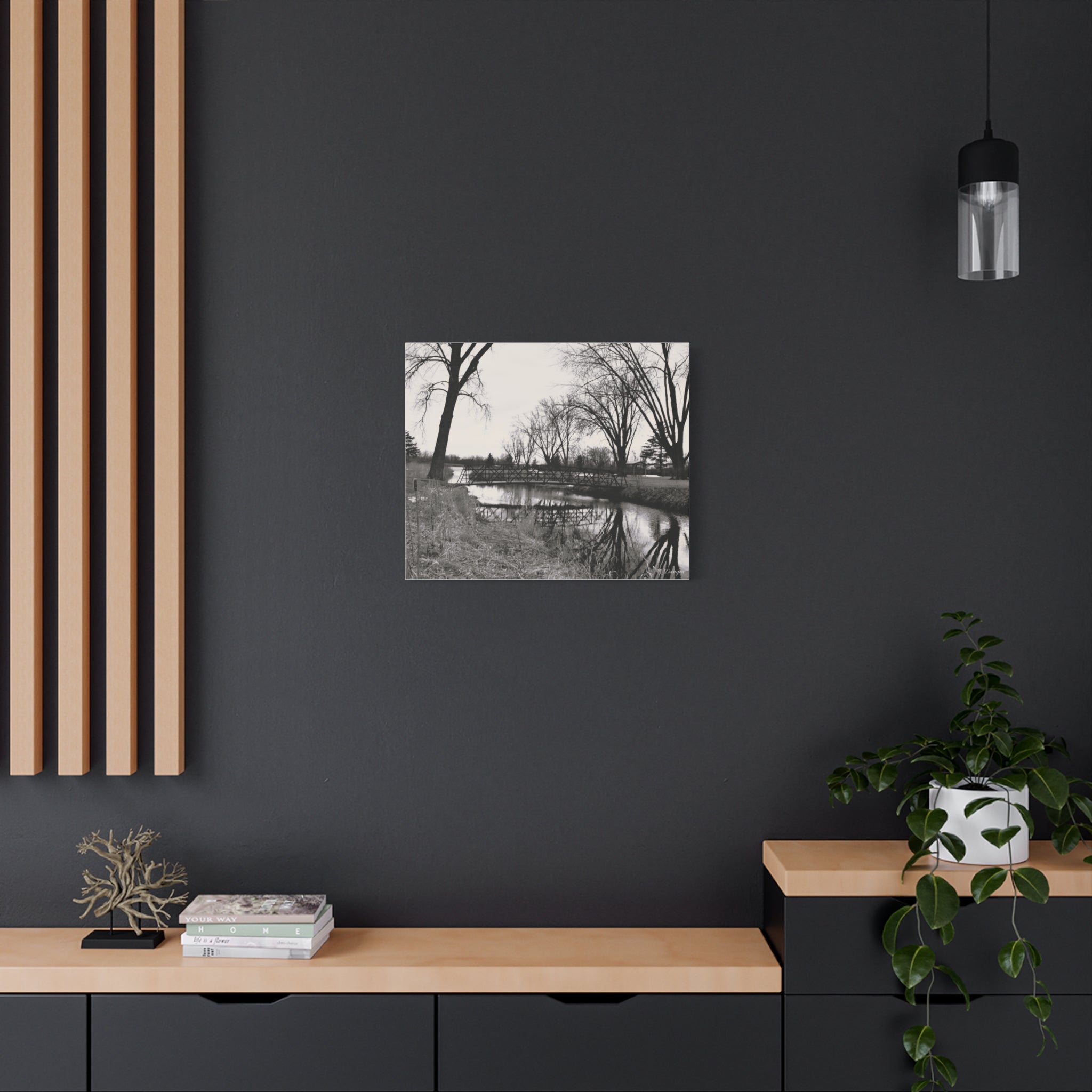 Matte Stretched Canvas - Serene Black & White River Landscape Wall Art