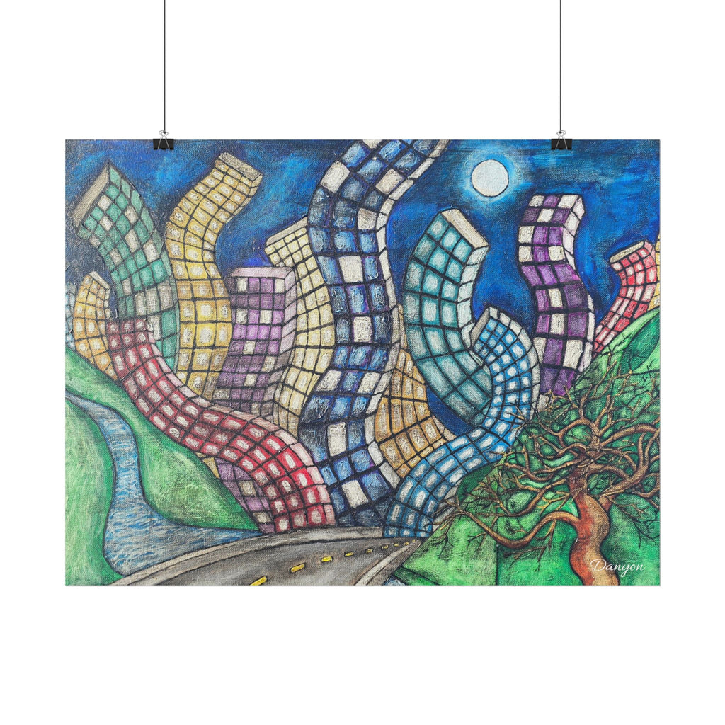 Rolled Poster — Surreal Curved Cityscape Art Print (Moonlit Road & Whimsical Tree)