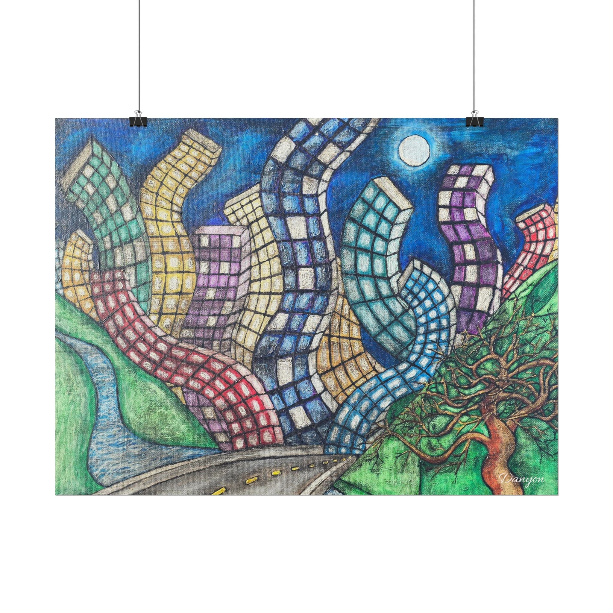 Rolled Poster — Surreal Curved Cityscape Art Print (Moonlit Road & Whimsical Tree)
