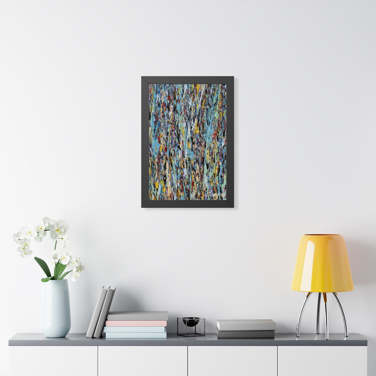 Abstract Expressionist Framed Poster — Colorful Drip Paint Vertical Print