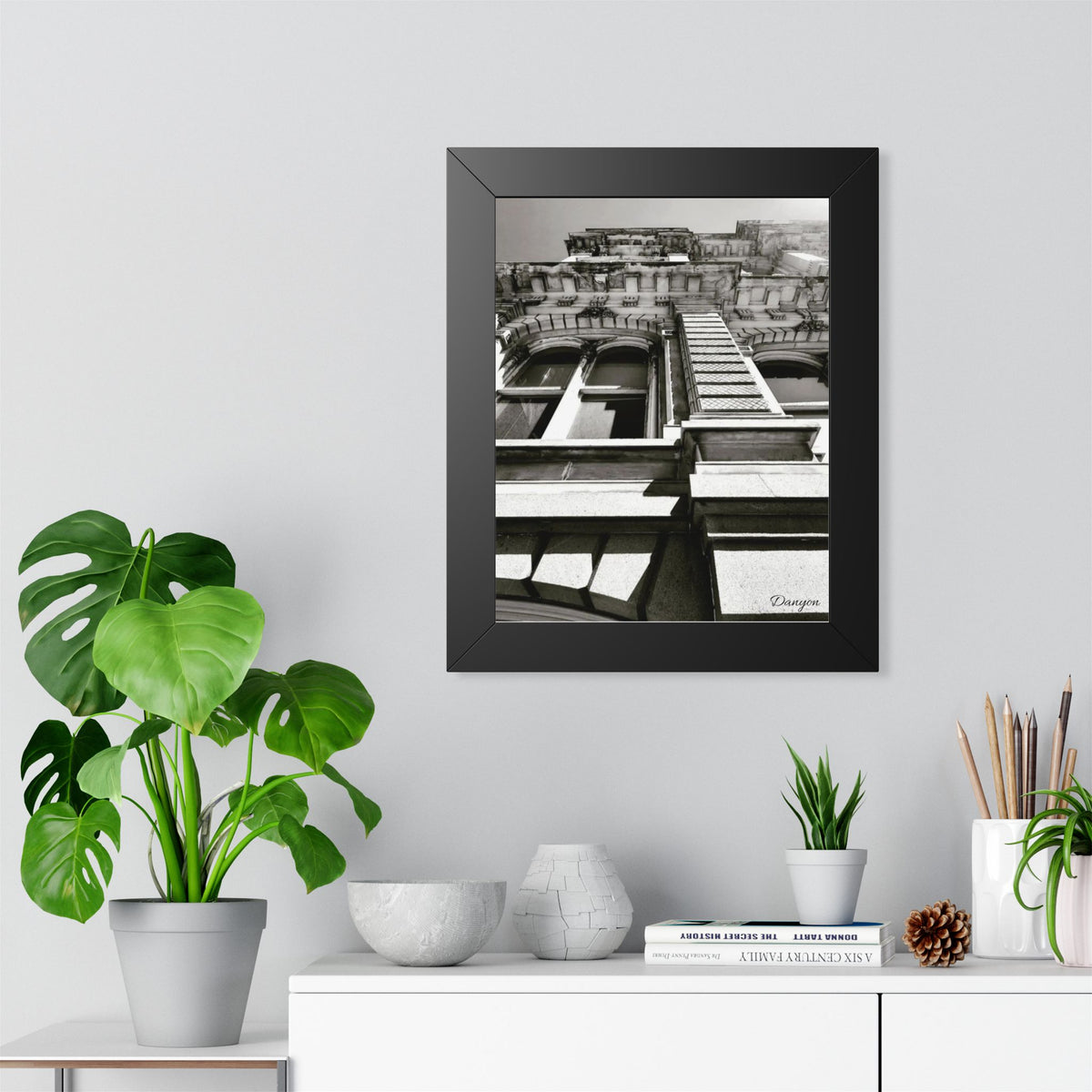Framed Vertical Poster — Vintage Architectural Black & White Building Photography