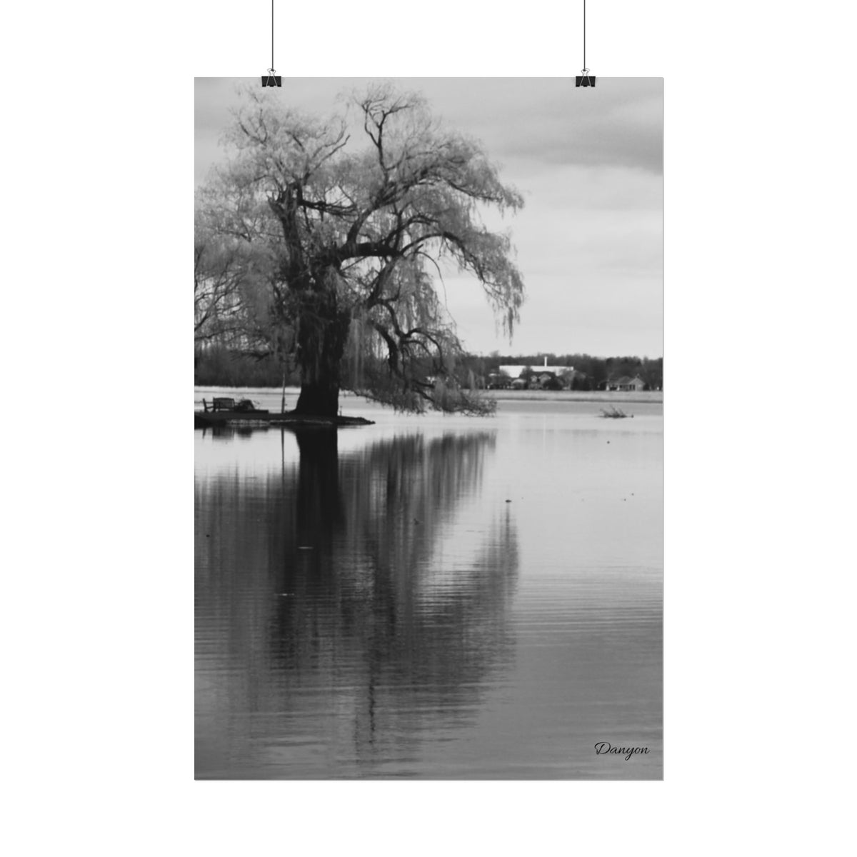 Black & White Lakeside Tree Poster — Minimalist Nature Wall Art
